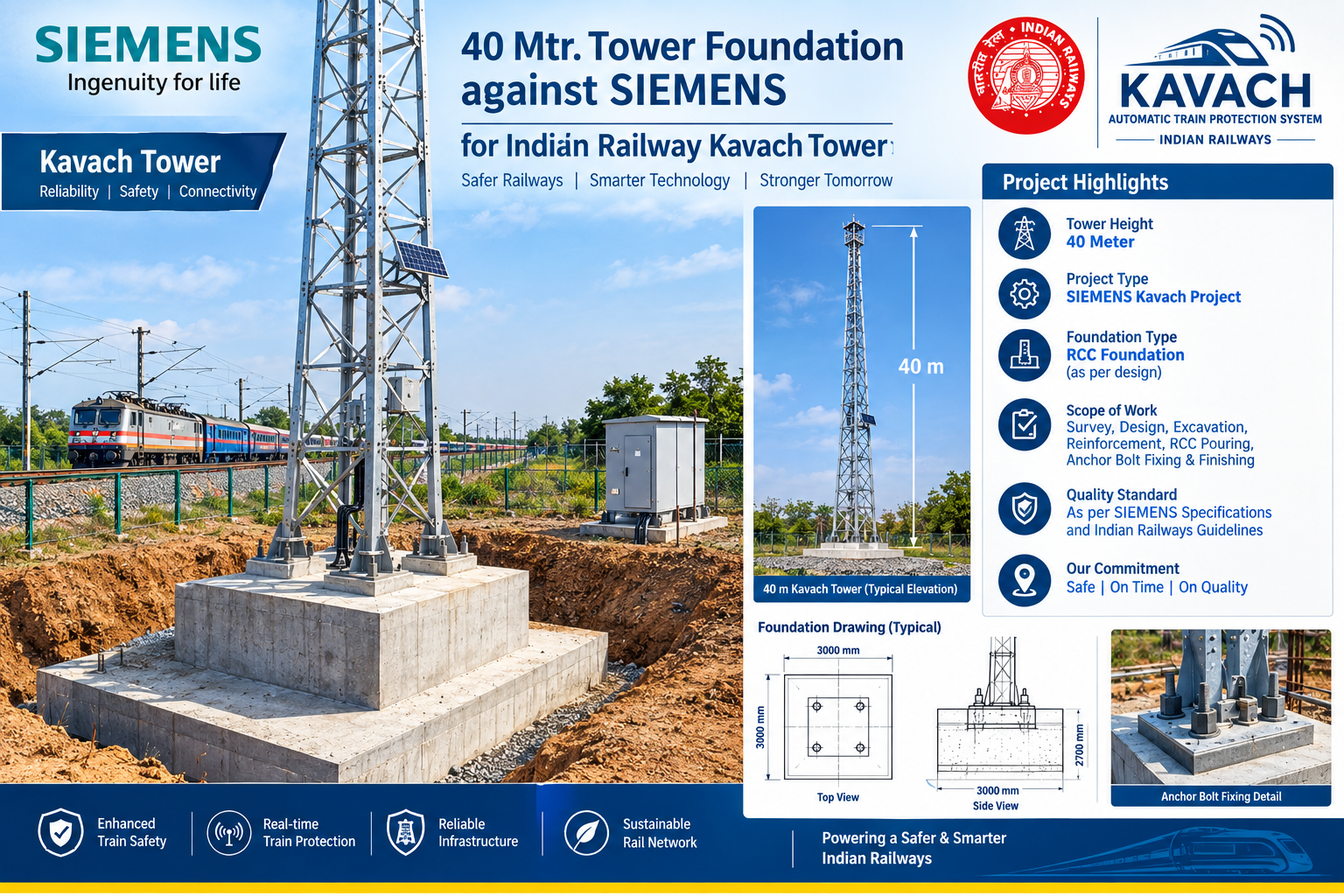 40 Meter Tower Foundation for Siemens – Indian Railways Kavach Project